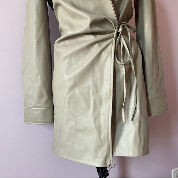 Zara - Beige Tan Camel Faux Leather Self Tie Long Sleeve Wrap Mini Dress Size XS - Picture 7 of 11